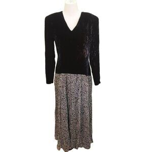 𝅺VTG Black Velvet Maxi Dress Gothic Grunge 80s Floral Velvet Flowy Long Sleeve